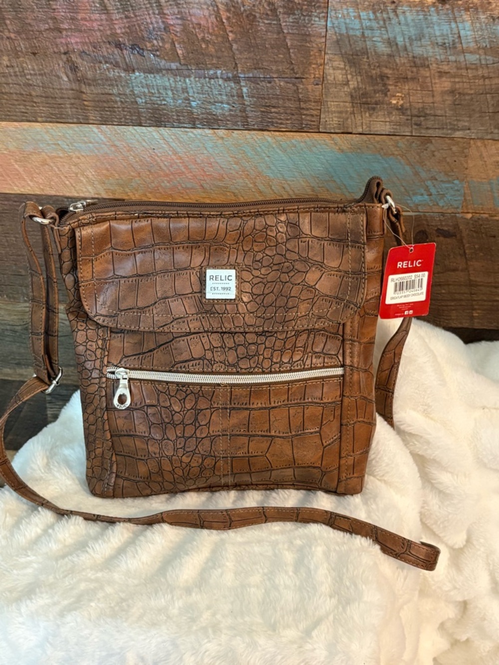 Relic Brown Croc-Embossed Crossbody with Silver Logo Plate